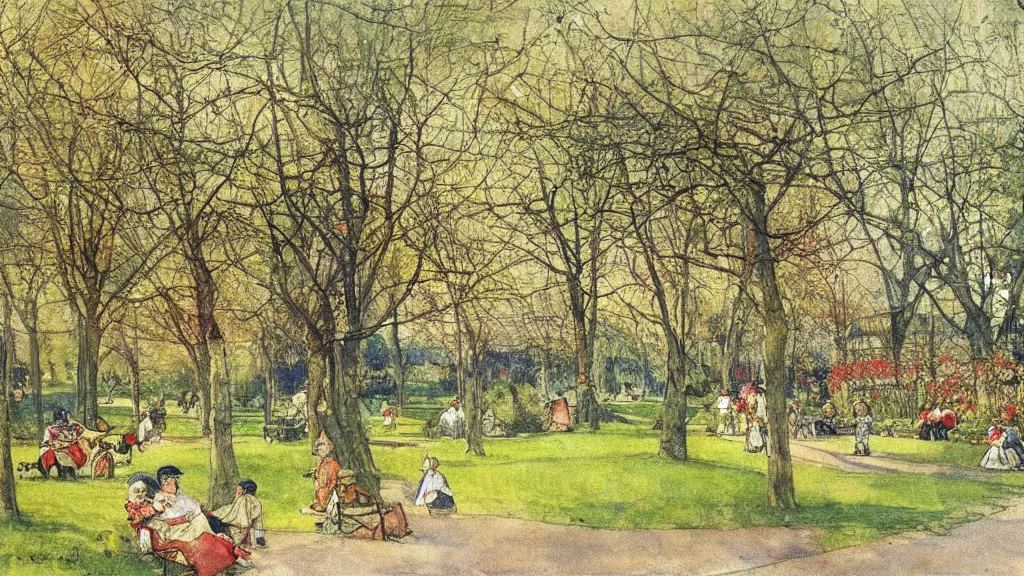 Image similar to gorgeous painting of a park in spring by carl larsson