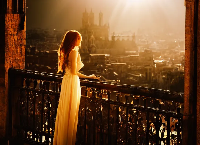 Image similar to a beautiful queen stands on a balcony overlooking a fantasy medieval gothic city, beautiful dramatic golden light and glow rays, 3 5 mm photography