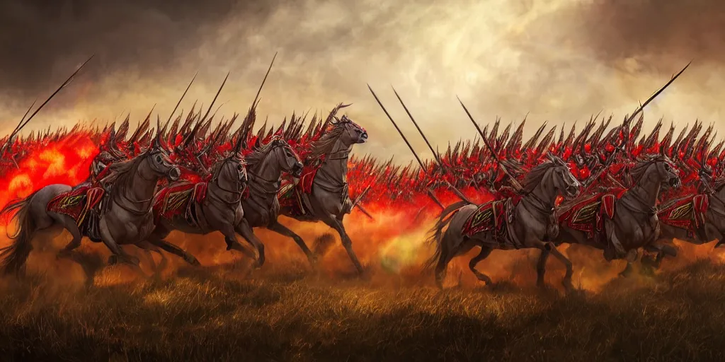 Image similar to Majestic powerfull red white Winged Hussars cavalry horde charging at ugly rainbow demons and trolls on ground, huge golden cross above them on the sky, white red eagle helping hussars, blood, snow, wide angle, professional kodak lenses, magic, fire, face painting, dramatic lighting, intricate, wild, highly detailed, digital painting, artstation, concept art, smooth, sharp focus, illustration, art by artgerm and greg rutkowski and alphonse mucha, footage from space camera