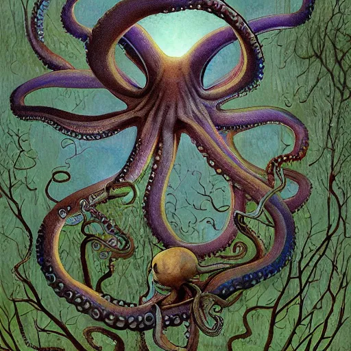 Prompt: a painting of an octopus in the woods, a storybook illustration by Daniel Merriam, featured on deviantart, fantasy art, lovecraftian, storybook illustration, biomorphic