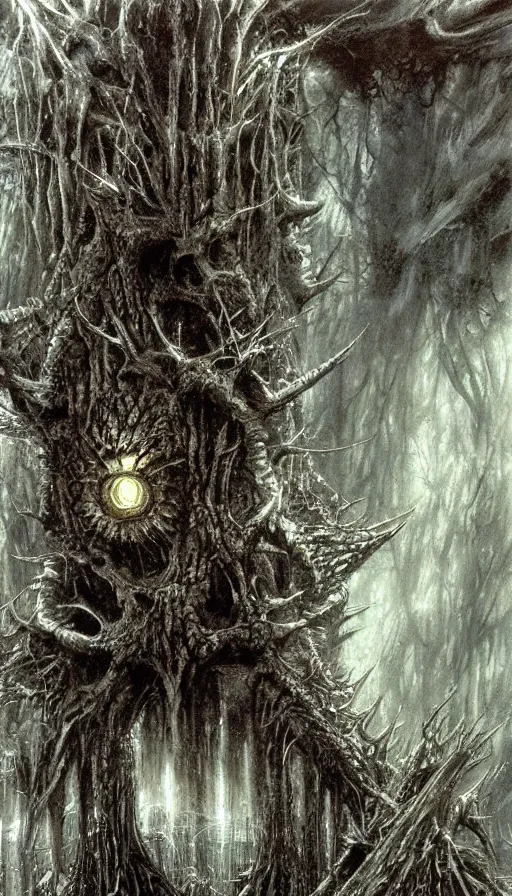 Image similar to a storm vortex made of many demonic eyes and teeth over a forest, by luis royo,