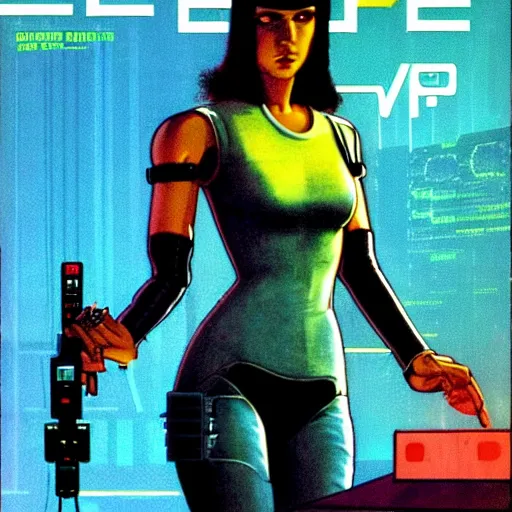 Image similar to cable plugged into cyberdeck, right temple, cyberpunk woman, computer, 1 9 7 9 omni magazine cover, style by vincent di fate, cyberpunk 2 0 2 0