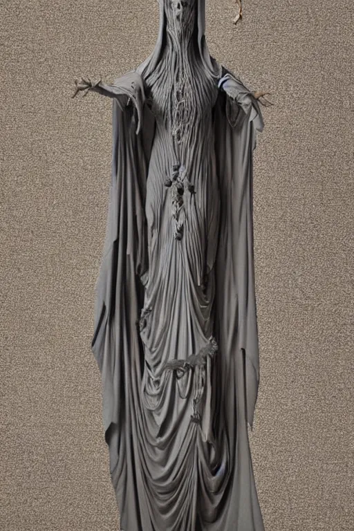 Image similar to a cinematic view of an highly ornated intricate macabre impressionist sacred statue of veiled ghoul made in light dark oak, with few ornaments in shiny polished graphite, sculpted by hedi xandt and antonio corradini, dark surrealism, freak gothic style