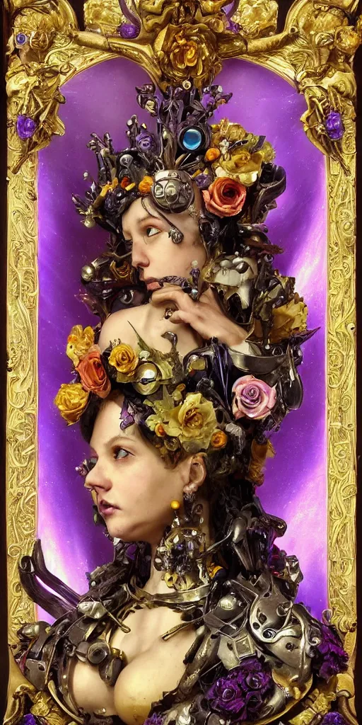 Image similar to a young beautiful Spanish metal android with a large glowing yellow lit crystal in the center of her chest, full-body bronze cyberpunk style statue of Venus with glowing purple eyes, crown of mechanical peach roses, flowing teal-colored silk, fabric, steampunk flowers. baroque elements, human skull. full-length view. baroque element. intricate artwork by caravaggio. many flying horses on background. Trending on artstation, octane render, cinematic lighting from the right, hyper realism, octane render, 8k, depth of field, 3D