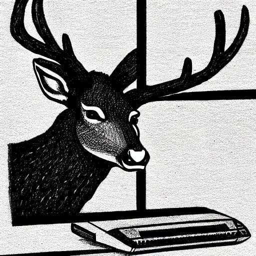 Prompt: a drawing of a deer laying on the ground in front of a computer, cyberpunk art by hinchel or, deviantart contest winner, computer art, furaffinity, future tech, dystopian art