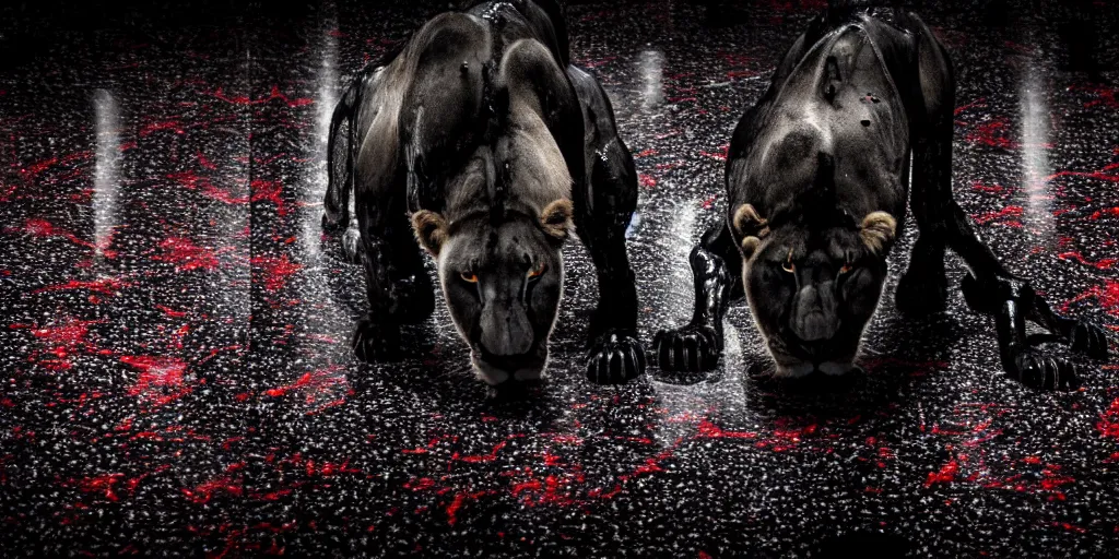 Prompt: the black lioness made of ferrofluid, stalking prey in a long dark hallway, viscous, sticky, full of black goo, covered with black goo, dripping black goo, dripping goo, splattered goo, sticky black goo. photography, dslr, reflections, black goo, rim lighting, red light, cinematic light, horror, contrast