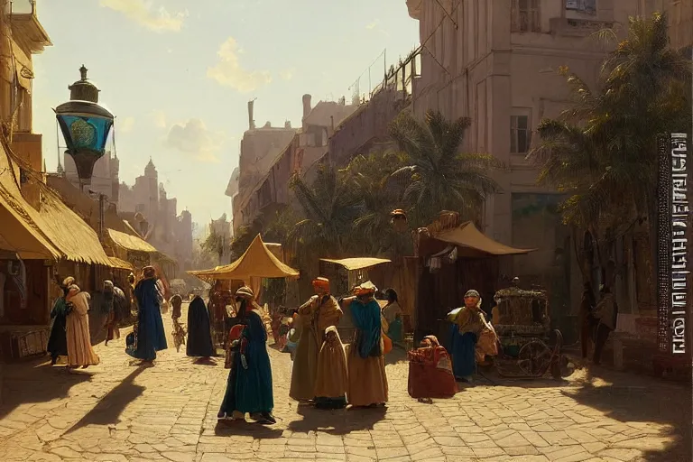 Image similar to street at dawn in a very beautiful Western town in summer by Ludwig Deutsch and Rudolf Ernst, colorful architecture, strong dramatic cinematic lighting, lost civilizations, smooth, sharp focus, extremely detailed