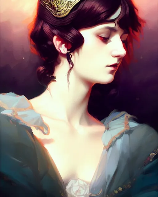 Image similar to fantasy stylized portrait by aykutmakut of an artistic pose, composition, young victorian sleeping fancy lady, cinematic moody colors, realistic shaded, fine details, realistic shaded lighting poster by ilya kuvshinov, magali villeneuve, artgerm, jeremy lipkin and michael garmash and rob rey