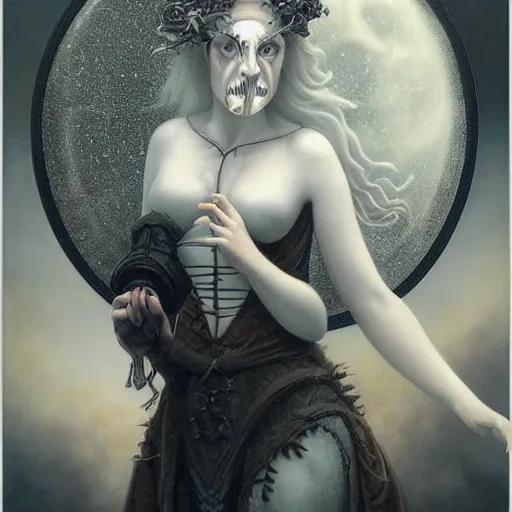 Prompt: By Tom Bagshaw, ultra realist soft painting of curiosities festival by night, very beautiful demoness in long gothic dress glass sphere, symmetry accurate features, very intricate details, omnious sky, black and white, volumetric light clouds