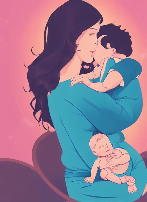 Prompt: a mother with short wavy curly light brown hair is sitting in a chair cradling a newborn baby. clean cel shaded vector art. shutterstock. behance hd by lois van baarle, artgerm, helen huang, by makoto shinkai and ilya kuvshinov, rossdraws, illustration, art by ilya kuvshinov