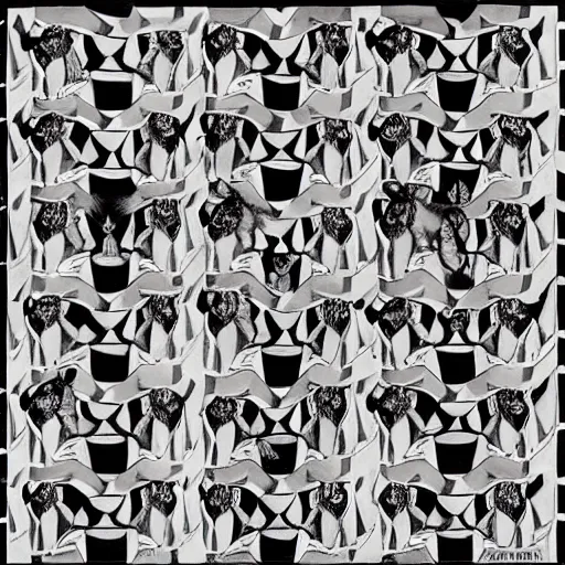 Image similar to lots and lots of black and white tessellating African wild dogs by Escher