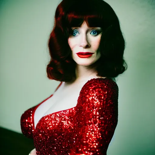 Image similar to film portrait, fine art photography of bryce dallas howard as jessica rabbit, head and shoulders photography. red sequin ballgown dress. kodak ektar 4 0 0. canon f 1. 2. detailed, realistic