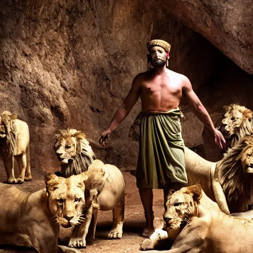 Prompt: dramatic film still of 3 5 year old man in ancient canaanite clothing surrounded by ferocious lions. cave interior background. directed by michael bay