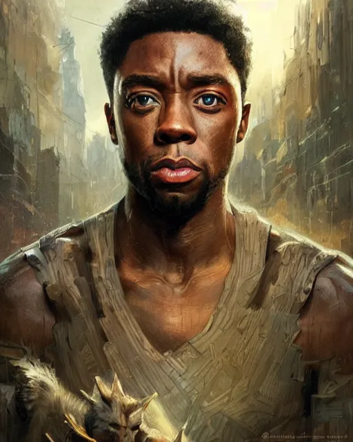 Image similar to chadwick boseman, hyper realistic face, beautiful eyes, fantasy art, in the style of greg rutkowski, intricate, hyper detailed, smooth