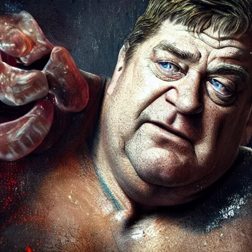 Image similar to hyperrealistic mixed media high resolution image of john goodman, sweating, stunning 3 d render inspired art by jamie salmon and istvan sandorfi and unreal engine and greg rutkowski, realistic flesh, dim volumetric lighting, 8 k octane beautifully detailed render, post - processing, extremely hyper - detailed, intricate, epic composition, highly detailed attributes, highly detailed atmosphere, cinematic lighting