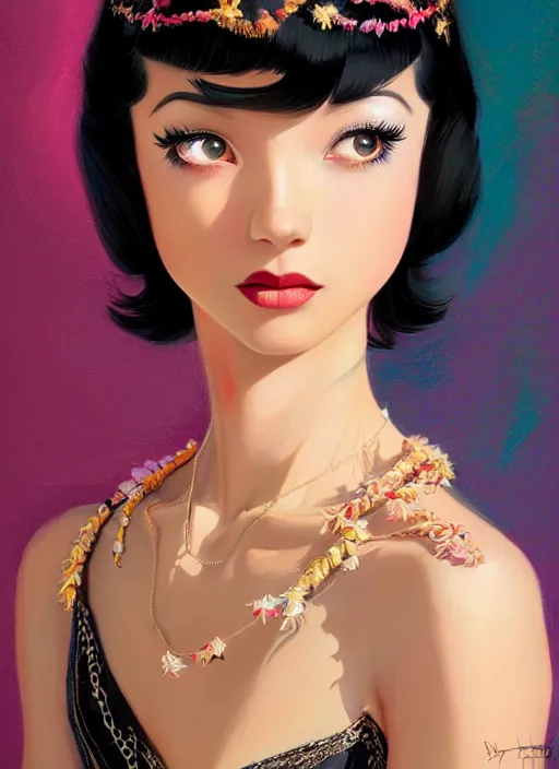 Image similar to a beautiful dancer with black hair in 1930's fashion, living room background, intricate, highly detailed, digital painting, artstation, official media, anime key visual, concept art, rich vivid colors, ambient lighting, sharp focus, illustration, art by Artgerm, Makoto Shinkai, Ilya Kuvshinov, Lois Van Baarle, and Rossdraws