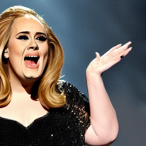 Image similar to Adele with the face of Danny Devito, concert, live performance, full body shot