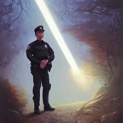 Image similar to kim kardashian as a cop, police uniform, face portrait, scared emotion, haunted forest with ufo sitting in the distant fog, pretty, aesthetic, dust molecules, matte detailed photo, DeviantArt, Artstation, by donato giancola, ralph horley, loish, ufo lighting