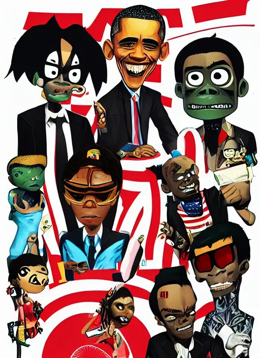 Prompt: obama in the style of gorillaz, jamie hewlett, detailed art