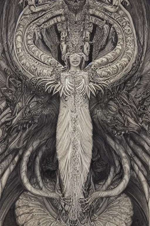 Image similar to a beautiful painting of full - body quetzalcoatl, wisdom, good and evil, white ink + magical + symmetrical + detailed intricate + heraldic design + atmosphere high details, in the style of jean delville, artstation, 8 k, 4 k, cinematic