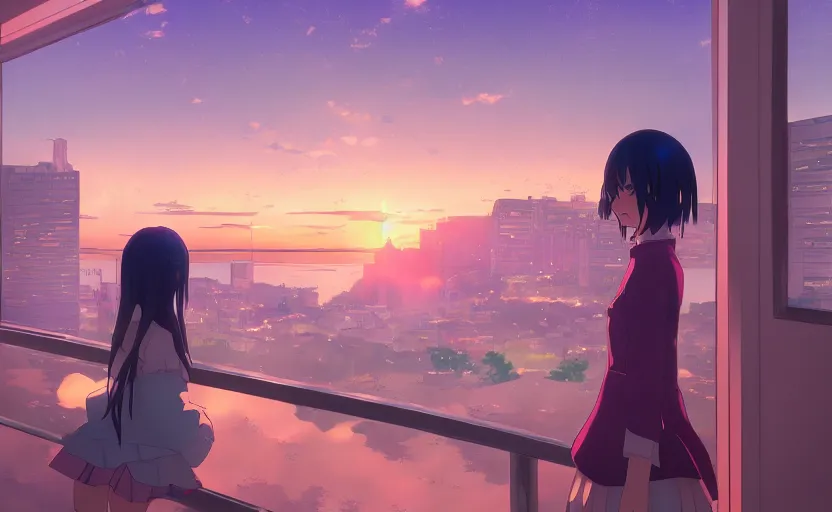 Prompt: anime girl looks out the window at the sunset over megopolis, anime scenery by Makoto Shinkai, digital art