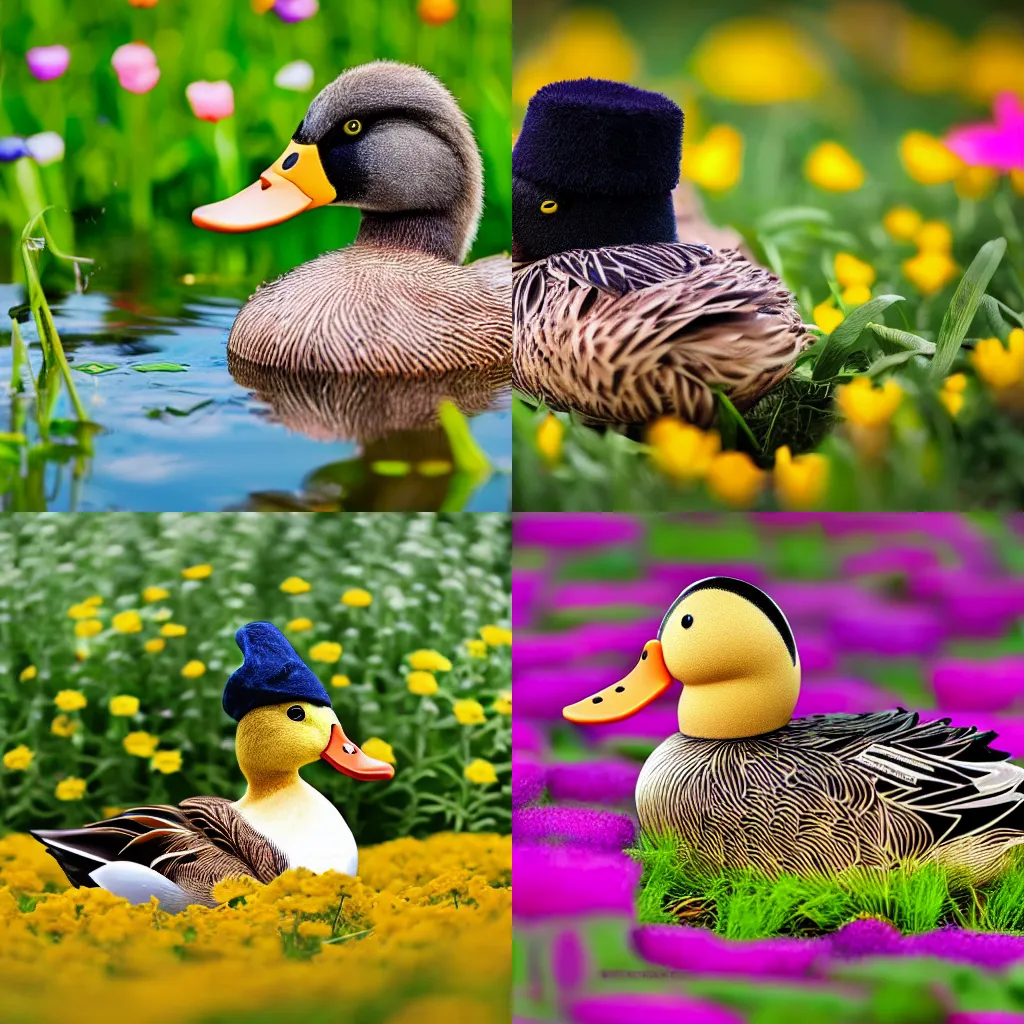 Prompt: A duck wearing a tiny bowl hat in a flower field, 4k photography high quality, realistic