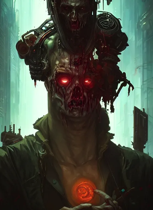 Image similar to cyberpunk male zombie, deep focus, d & d, fantasy, intricate, elegant, highly detailed, digital painting, artstation, concept art, matte, sharp focus, illustration, hearthstone, art by artgerm and greg rutkowski and alphonse mucha