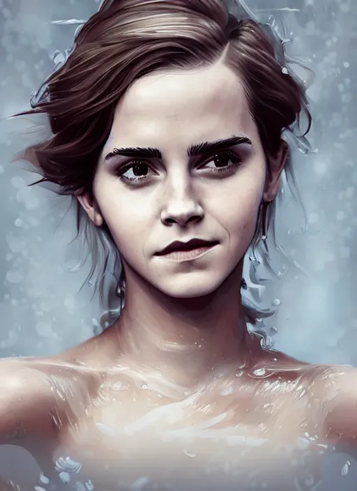 Image similar to a highly detailed illustration of emma watson washing hair, dramatic smiling pose, perfect face, intricate, elegant, highly detailed, centered, digital painting, artstation, concept art, smooth, sharp focus, league of legends concept art, wlop