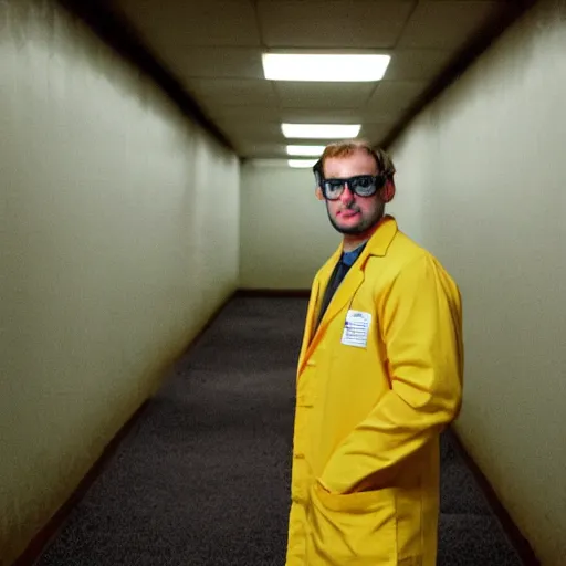 Image similar to flash low quality photograph of a male scientist wearing a lab coat in the backrooms, mustard - yellow old moldy moist carpet room, empty liminal space, very dark shadows, broken fluorescent lighting, horror movie scene, film grain