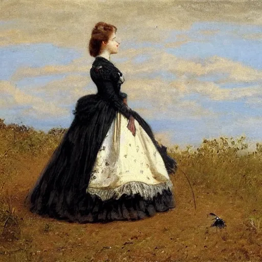 Image similar to young victorian lady in ball gown observing an anthill, painted by alfred stevens