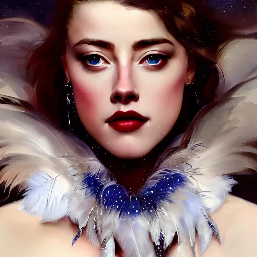 Image similar to hyperrealistic portrait of a woman as amber heard performing noir singing dance in a white swan dress wearing sapphire jewellery feather collar by jeremy mann and alphonse mucha, fantasy art, photo realistic, dynamic lighting, artstation, poster, volumetric lighting, very detailed faces, 4 k, award winning