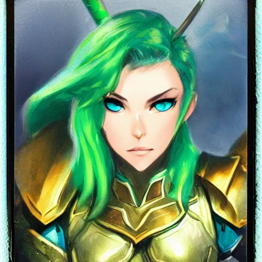 Prompt: polaroid photography of a female paladin, green armor, blue hair, yellow eyes, white skin, beautiful, cute, badass, by rossdraws, ralph horsley, pixiv, instagram