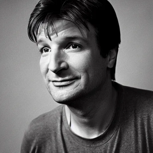 Prompt: photo of Nathan Fillion by Diane Arbus, black and white, high contrast, Rolleiflex, 55mm f/4 lens