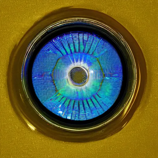 Image similar to scientific archival photography of a peculiar found object made of a unique matte, iridescent fabric material that bends light like a fresnel lens. the object is adorned with a machined silicon chip casing and an intricate detailing of quantum crystal circuits. the object has an inscription on the inner cuff.