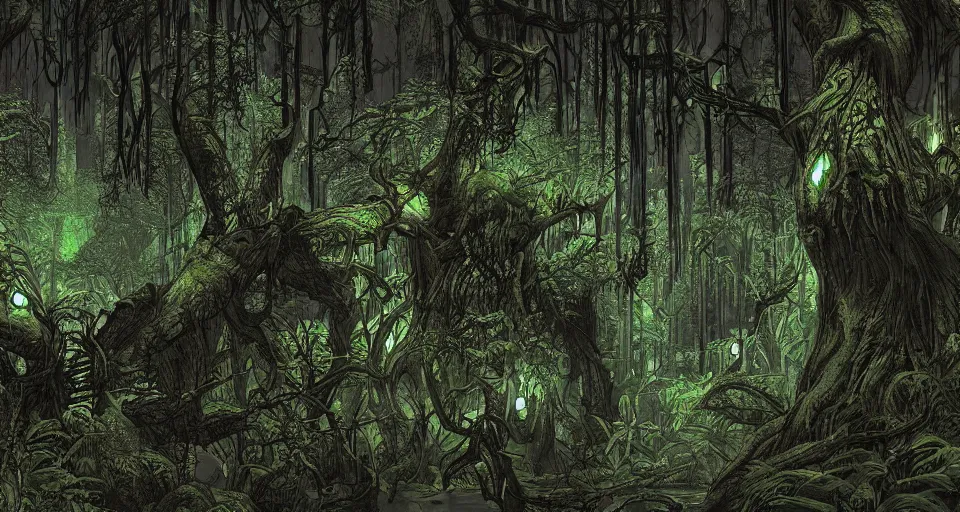 Image similar to A dense and dark enchanted forest with a swamp, from Starcraft