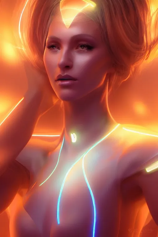 Image similar to ultra realist render of a beautiful female mage wearing a luminescent bodysuit in a Tron universe, reflections, focus, detailed, realistic eyes, symmetric body features proportions, golden ratio face, intricate facial skin details, award winning, trending in cgsociety artstation deviant art, octane render, boris Vallejo and Tom Bagshaw