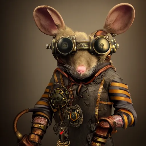 Image similar to rat warrior with steampunk goggles, clockwork, octane render, epic, cinematic, psychedelic, lsd, by ruan jia