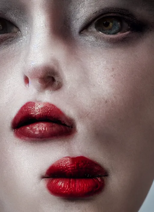 Prompt: closeup portrait of a young gothic nun with bright red lipstick, depth of field, zeiss lens, detailed, symmetrical, centered, fashion photoshoot, by Annie Leibovitz and Steve McCurry, David Lazar, Jimmy Nelsson, Breathtaking, 8k resolution, extremely detailed, beautiful, establishing shot, artistic, hyperrealistic, beautiful face, octane render