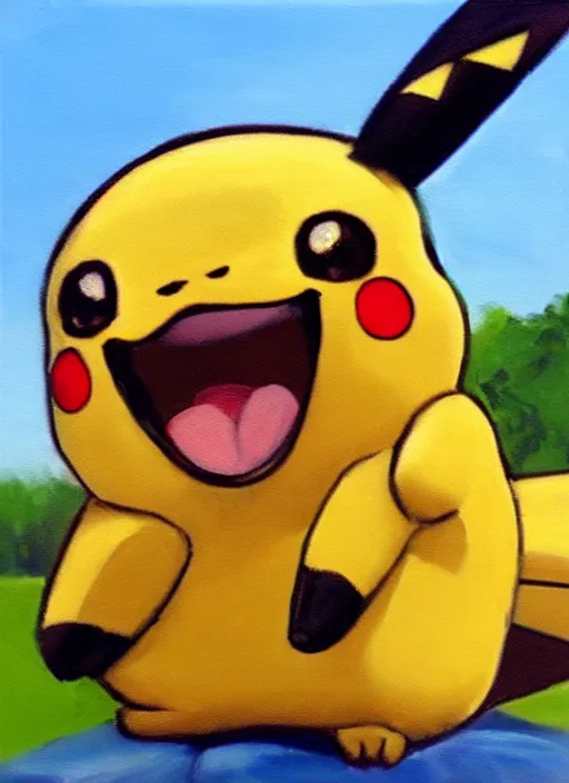 Image similar to a professional oil painting of pokemon pikachu smiling