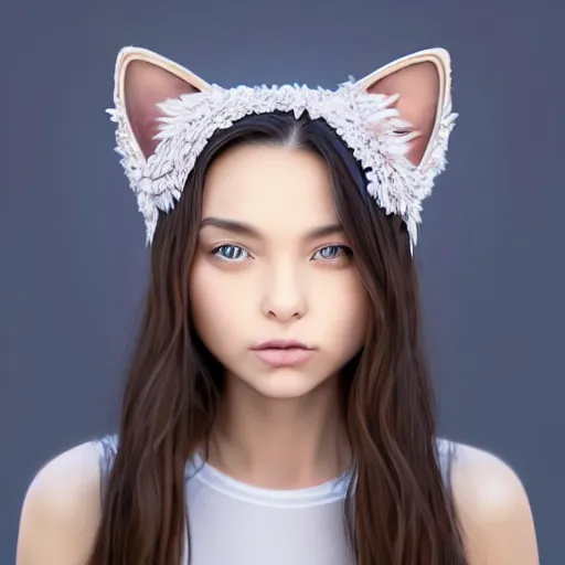 Image similar to Perfectly-Centered Portrait of a Young Woman Wearing Fake-Cat-Ears and t-shirt and shorts, intricate, elegant, super highly detailed, professional digital painting, artstation, concept art, smooth, sharp focus, no blur, no dof, extreme illustration, Unreal Engine 5, Photorealism, HD quality, 8k resolution, cinema 4d, 3D, beautiful, cinematic, art by artgerm and greg rutkowski and alphonse mucha and loish and WLOP