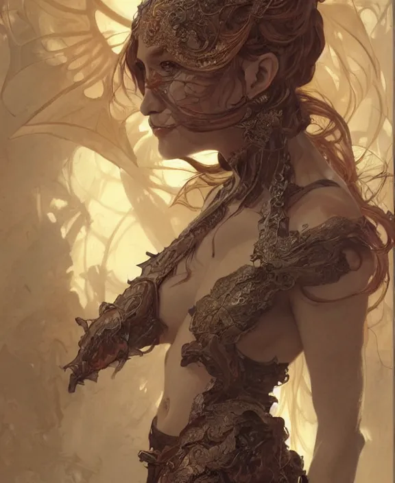 Image similar to portrait of a demon, half body, d & d, fantasy, intricate, elegant, highly detailed, digital painting, artstation, concept art, art by artgerm and greg rutkowski and alphonse mucha