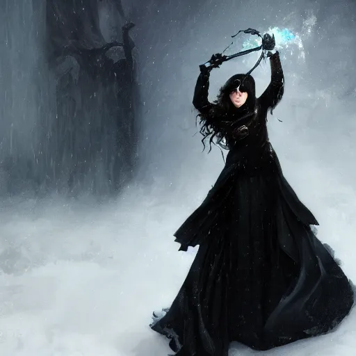 Prompt: furious dark haired women, wearing black coat, black makeup, ice mage, shooting ice, oil painting, by karl spitzweg, fantasy artwork, fantastic artwork, 4 k, trending on artstation