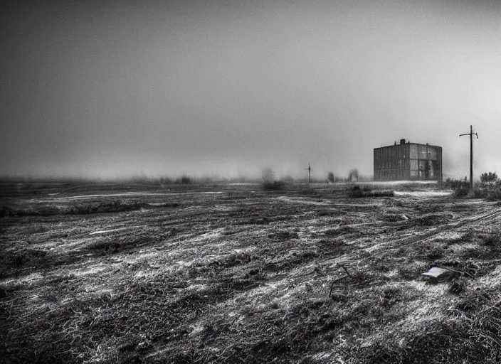 Image similar to high resolution black and white photography with a 3 5 mm f / 2 2. 0 lens of architectural building blocks bulgaria in the middle of a russian wasteland in the 8 0's in the middle of nowhere, there is fog and lights in the background. fine art photography and very detailed