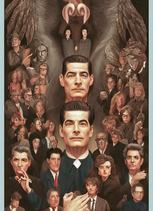Image similar to twin peaks poster art, by michael whelan, rossetti bouguereau, artgerm, retro, nostalgic, old fashioned, dale cooper, kyle mclaughlin, large owl wings wrap around dale cooper