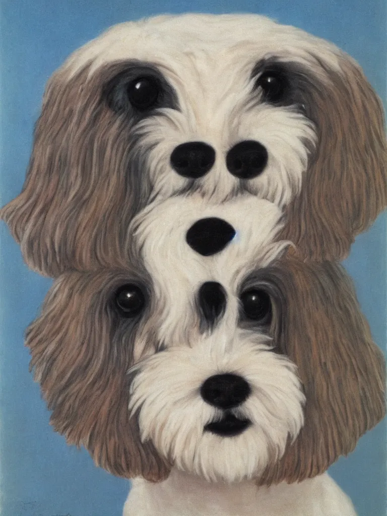 Prompt: self portrait of a cream colored havanese dog with strong eyebrows, by frieda kahlo