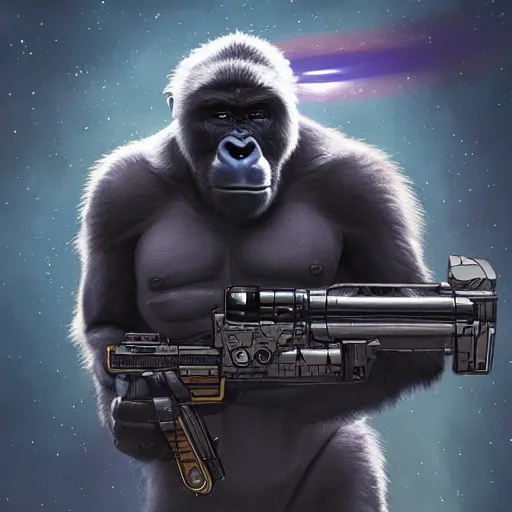 Image similar to detailed science - fiction character portrait of a silverback gorilla shooting a alien gun in space, intricate, wild, highly detailed, digital painting, artstation, concept art, smooth, sharp focus, illustration, art by artgerm and greg rutkowski and alphonse mucha