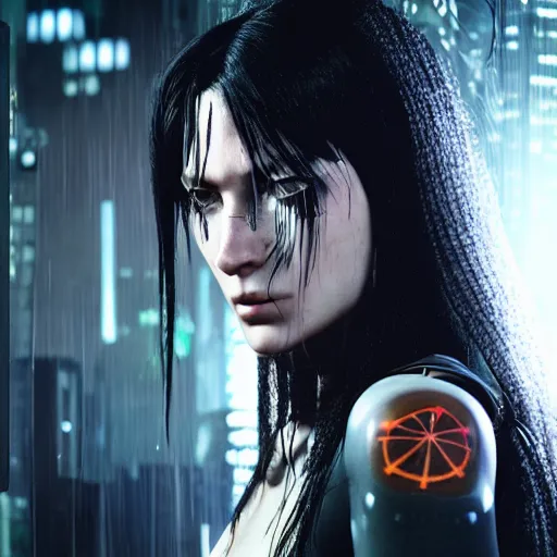 Image similar to a woman with long black hair and a tattoo on her arm, cyberpunk art by du jin, cgsociety, retrofuturism, movie still, playstation 5 screenshot, futuristic