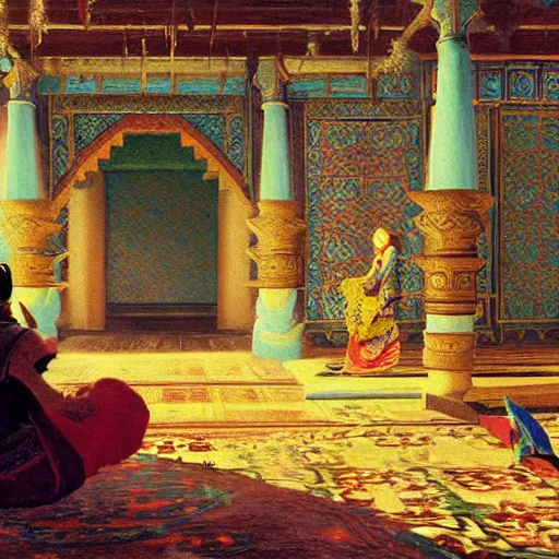 Image similar to hyrule palace scene painted in orientalist style, legend of zelda, painting by jean - leon gerome, otto pilny, adrien henri tanoux, giulio rosati, orientalism