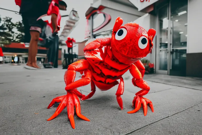 Image similar to person dressed up like a cute crab, in 2 0 1 8, at an arbys, street style, royalcore, low - light photograph, photography by tyler mitchell