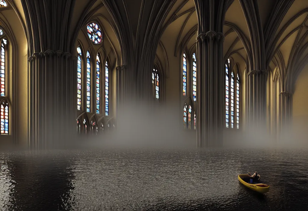 Image similar to kodak portra 4 0 0 photographic and realistic, interior of a gothic cathedral, detailed, octane render, unreal engine 5, 8 k, artstation, hyper realistic, wide angle, floor flooded how a lake, hole objects that float, 3 5 mm, sharp focus, soft light, epic volumetric light fog, in the style of gregory crewdson